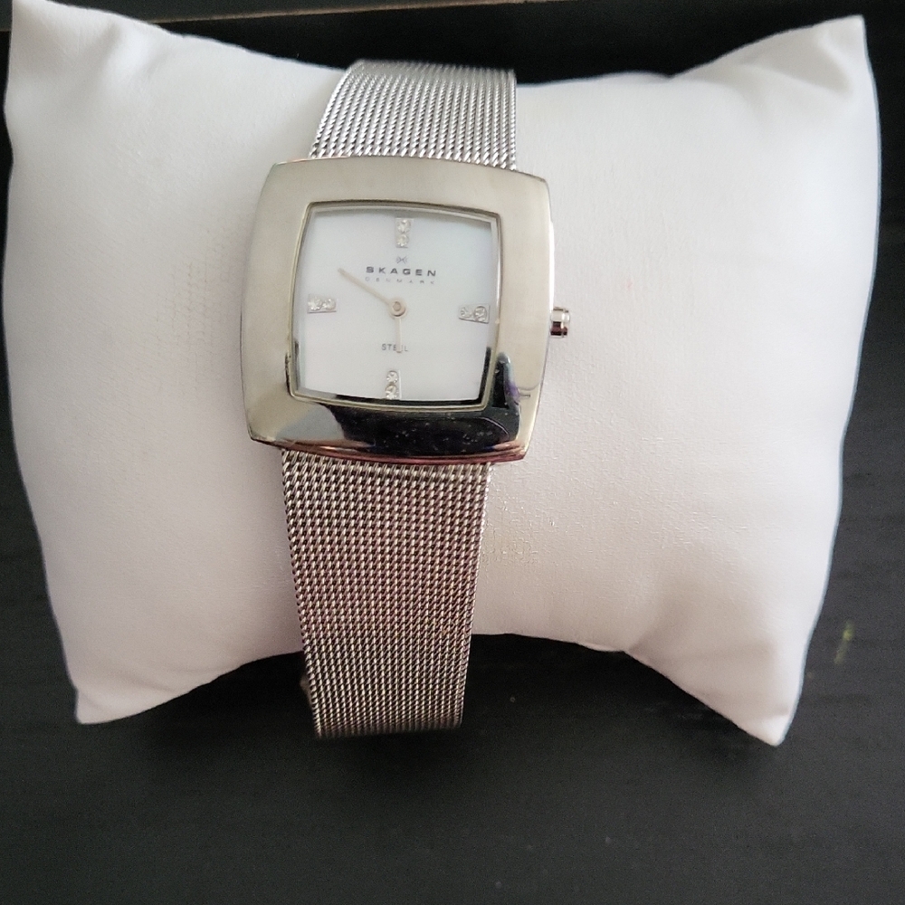 Skagen Silver Mesh Square Dial Women's Watch May Need Battery